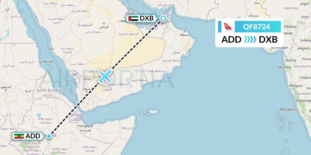 QF8724 Qantas Flight Map: Addis Ababa to Dubai