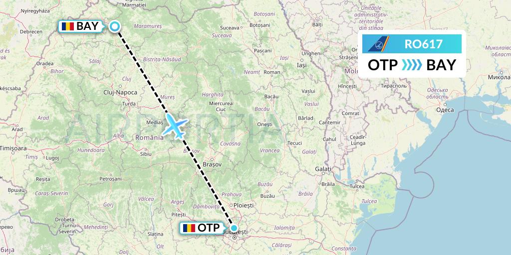 RO617 Tarom Flight Map: Bucharest to Baia Mare