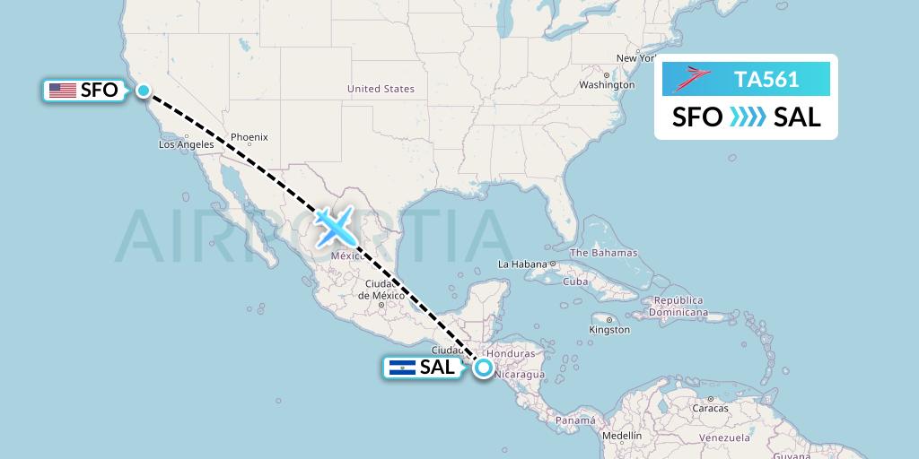 TA561 TACA Airlines Flight Map: San Francisco to San Salvador