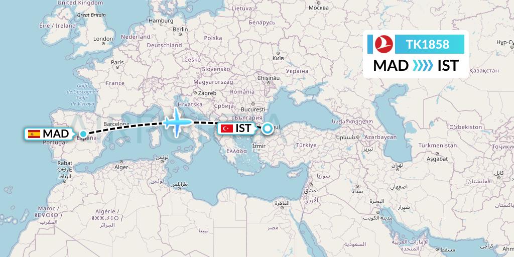 TK1858 Turkish Airlines Flight Map: Madrid to Istanbul