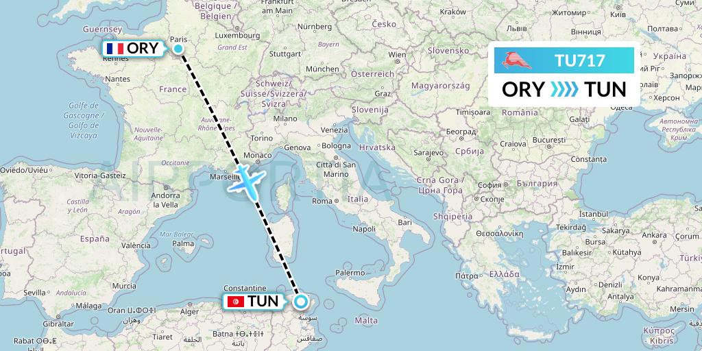 TU717 Tunisair Flight Map: Paris to Tunis
