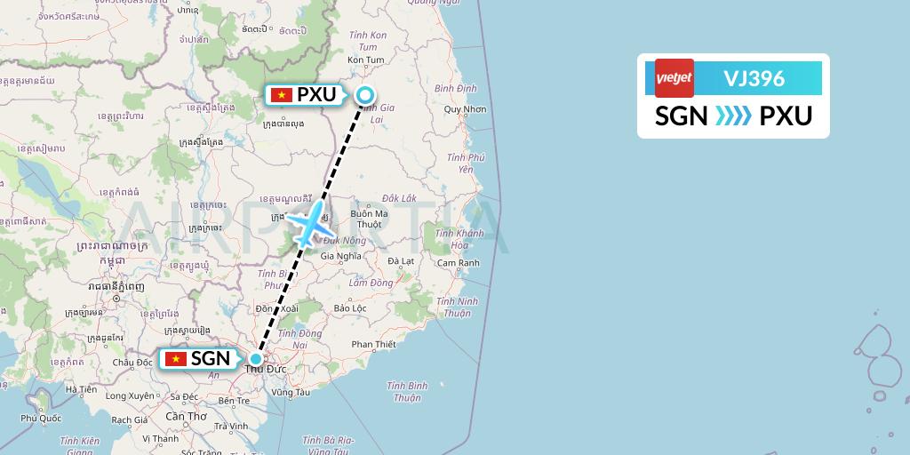 VJ396 VietJet Air Flight Map: Ho Chi Minh City to Pleiku