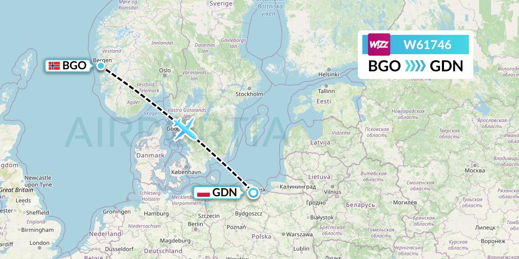 W61746 Wizz Air Flight Map: Bergen to Gdansk
