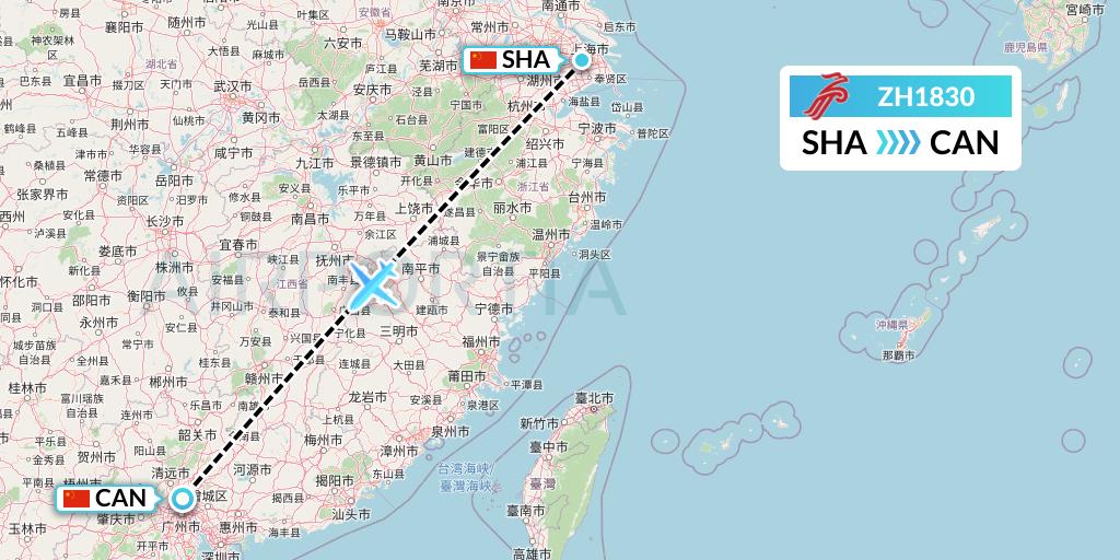 ZH1830 Shenzhen Airlines Flight Map: Shanghai to Guangzhou