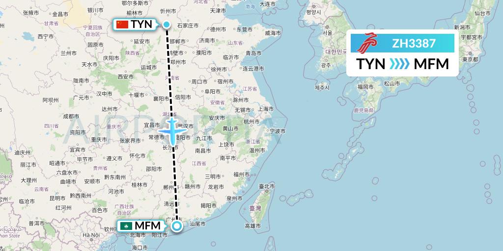 ZH3387 Shenzhen Airlines Flight Map: Taiyuan to Macau