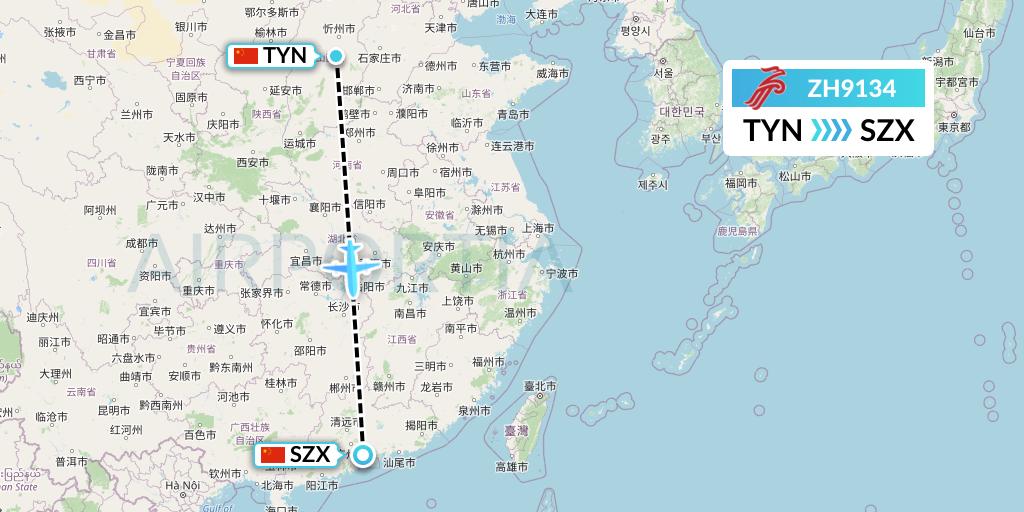 ZH9134 Shenzhen Airlines Flight Map: Taiyuan to Shenzhen
