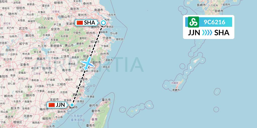 9C6216 Spring Airlines Flight Map: Jinjiang to Shanghai