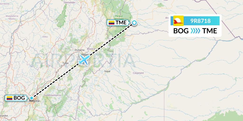 9R8718 Satena Flight Map: Bogota to Tame