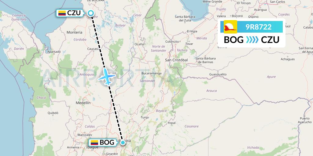 9R8722 Satena Flight Map: Bogota to Corozal