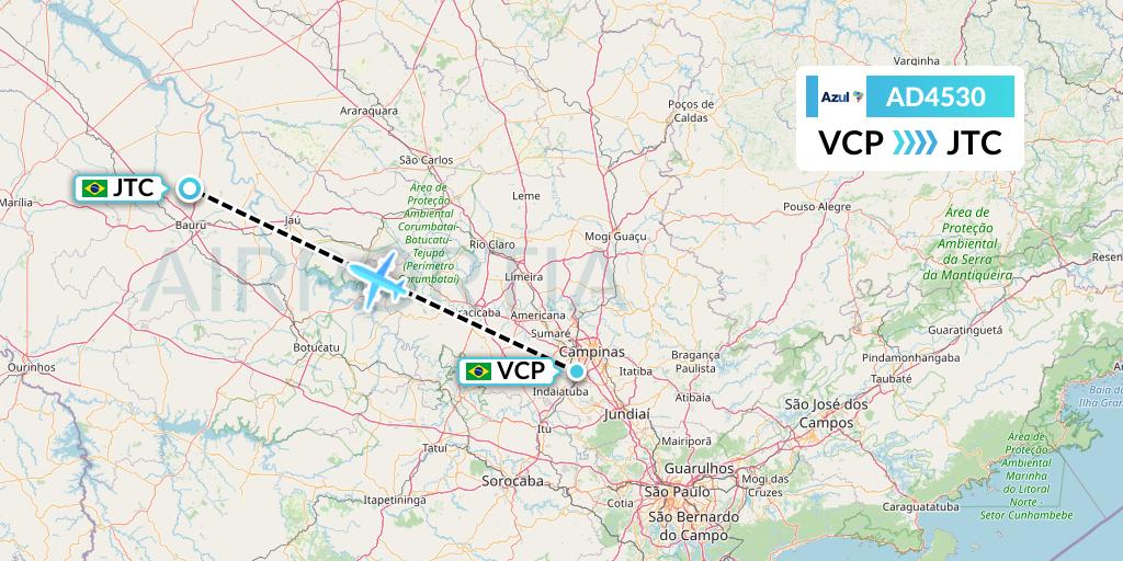 AD4530 Azul Brazilian Airlines Flight Map: Campinas to Bauru