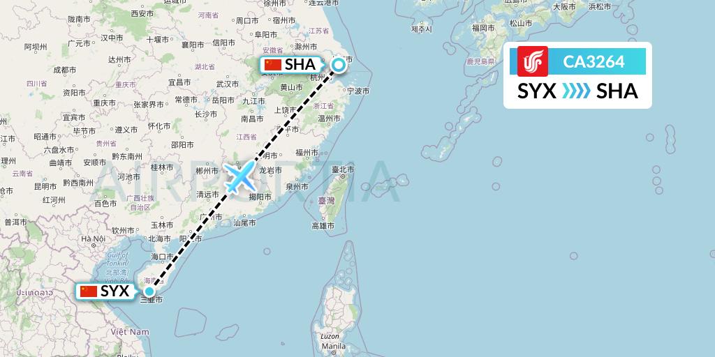 CA3264 Air China Flight Map: Sanya to Shanghai