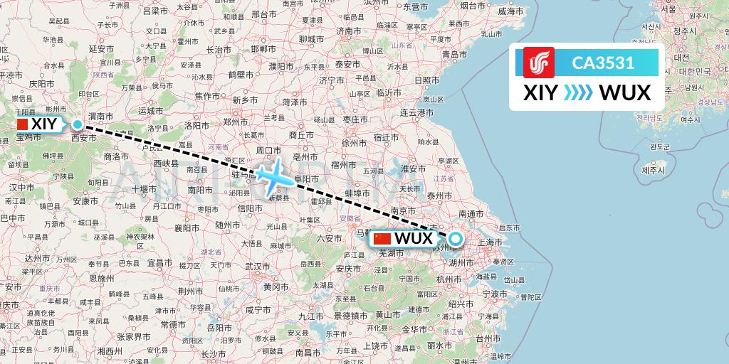 CA3531 Air China Flight Map: Xi'an to Wuxi