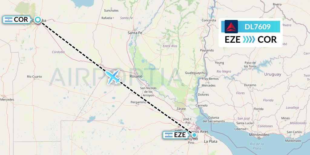 DL7609 Delta Air Lines Flight Map: Buenos Aires to Cordoba