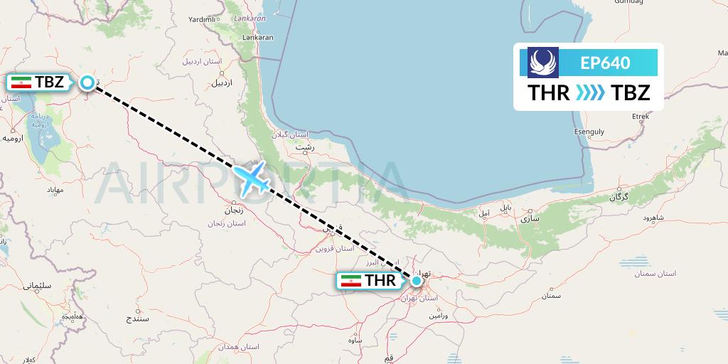 EP640 Iran Aseman Airlines Flight Map: Tehran to Tabriz