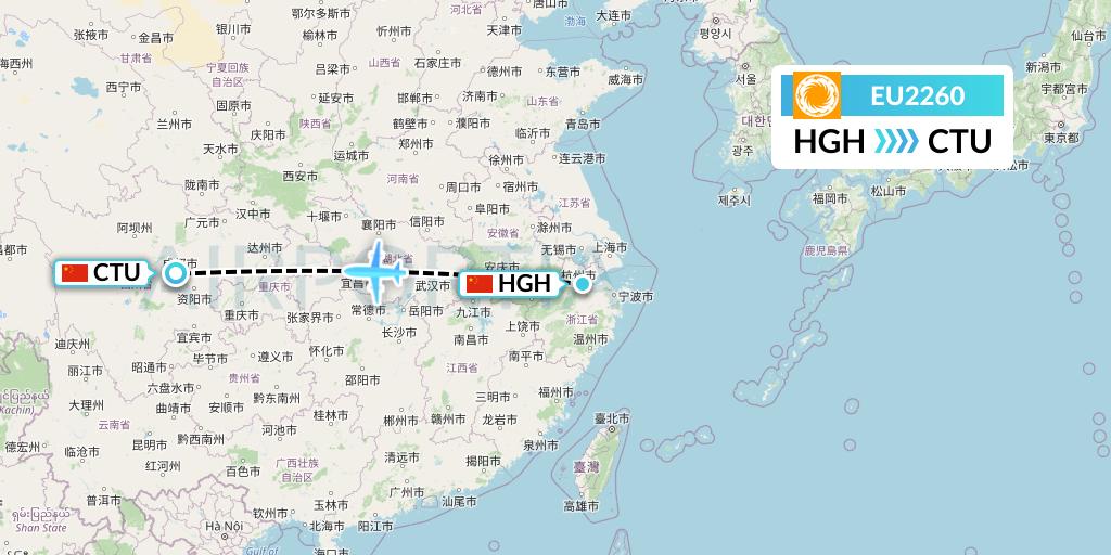 EU2260 Chengdu Airlines Flight Map: Hangzhou to Chengdu