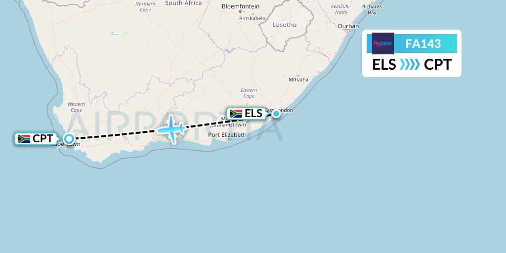 FA143 Safair Flight Map: East London to Cape Town