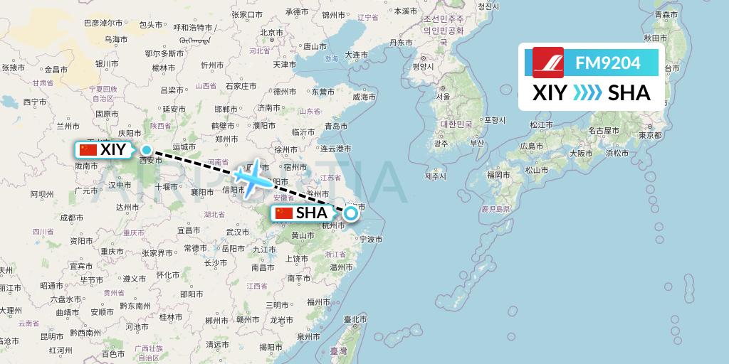 FM9204 Shanghai Airlines Flight Map: Xi'an to Shanghai