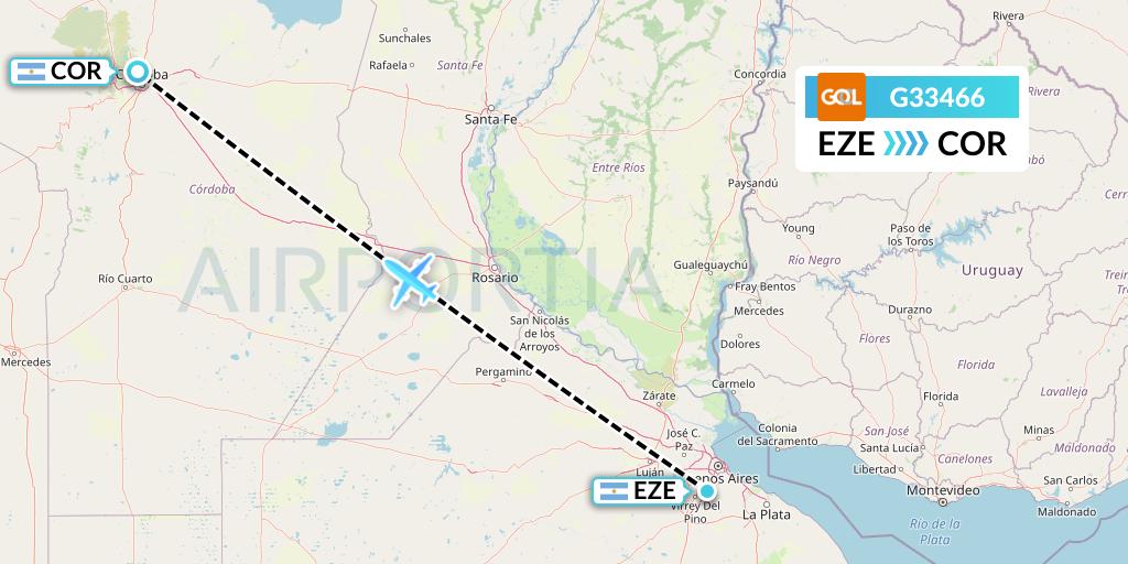 G33466 GOL Transportes Aeros Flight Map: Buenos Aires to Cordoba
