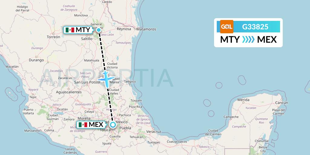 G33825 GOL Transportes Aeros Flight Map: Monterrey to Mexico City