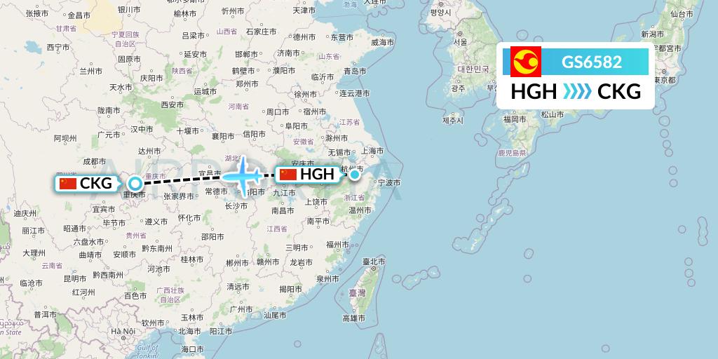 GS6582 Tianjin Airlines Flight Map: Hangzhou to Chongqing