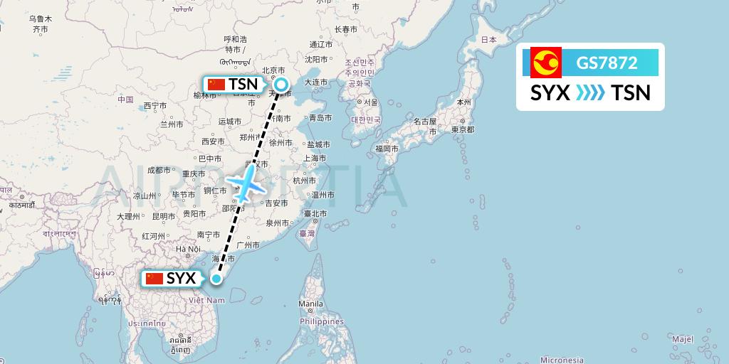 GS7872 Tianjin Airlines Flight Map: Sanya to Tianjin