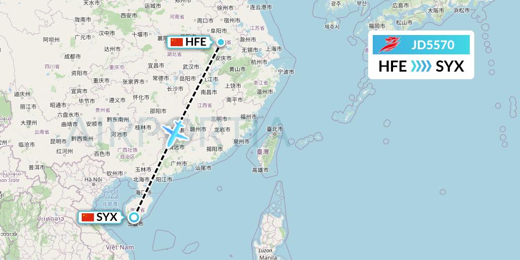 JD5570 Capital Airlines Flight Map: Hefei to Sanya