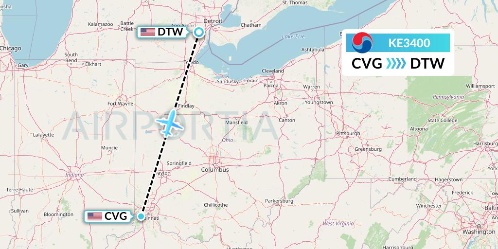 KE3400 Korean Air Flight Map: Cincinnati to Detroit