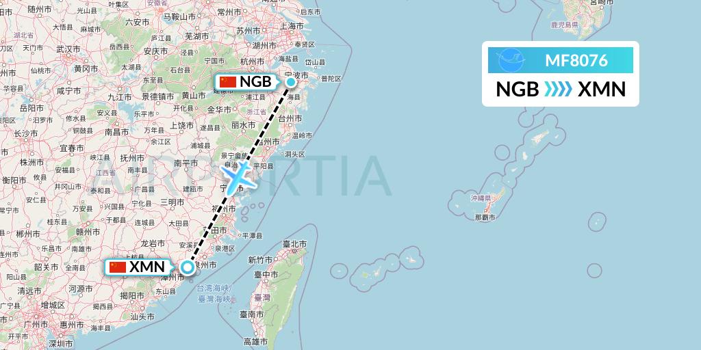 MF8076 Xiamen Airlines Flight Map: Ningbo to Xiamen