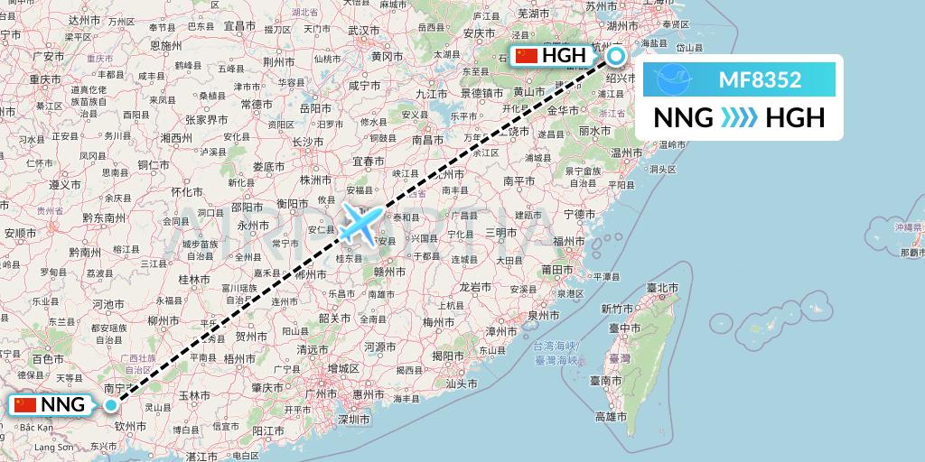 MF8352 Xiamen Airlines Flight Map: Nanning to Hangzhou