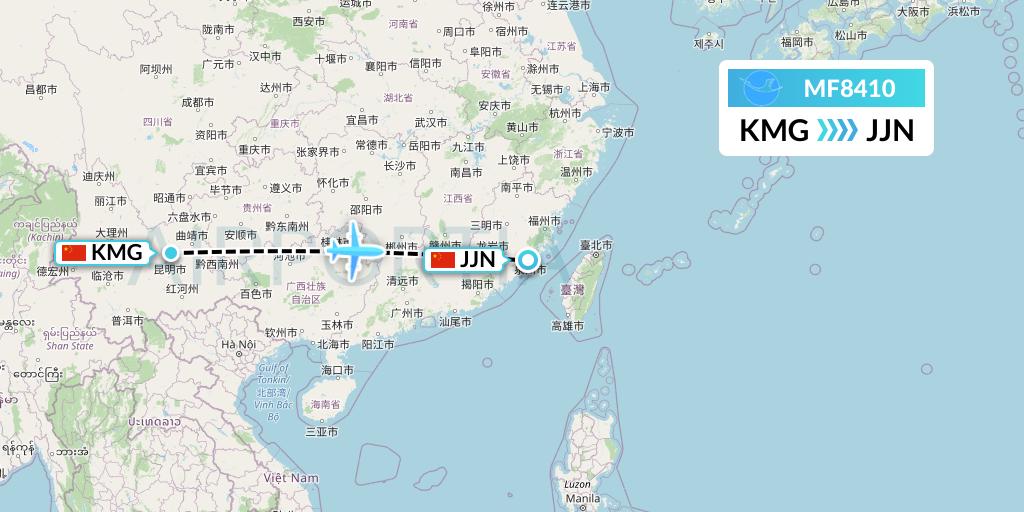 MF8410 Xiamen Airlines Flight Map: Kunming to Jinjiang