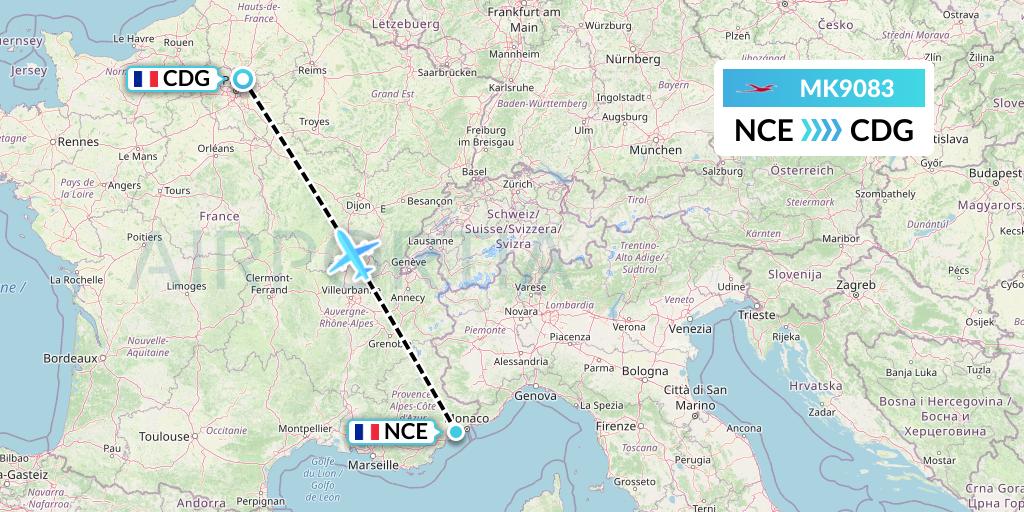 MK9083 Air Mauritius Flight Map: Nice to Paris