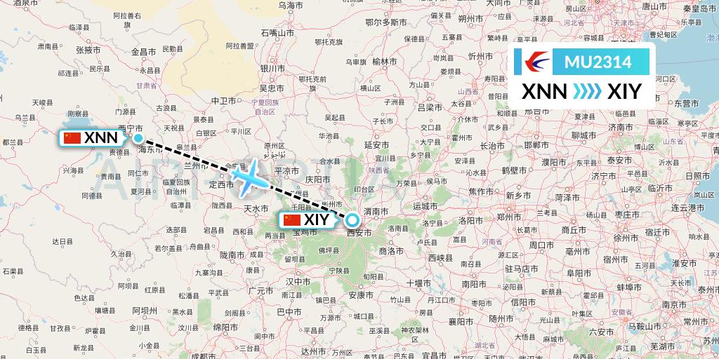 MU2314 China Eastern Airlines Flight Map: Xining to Xi'an