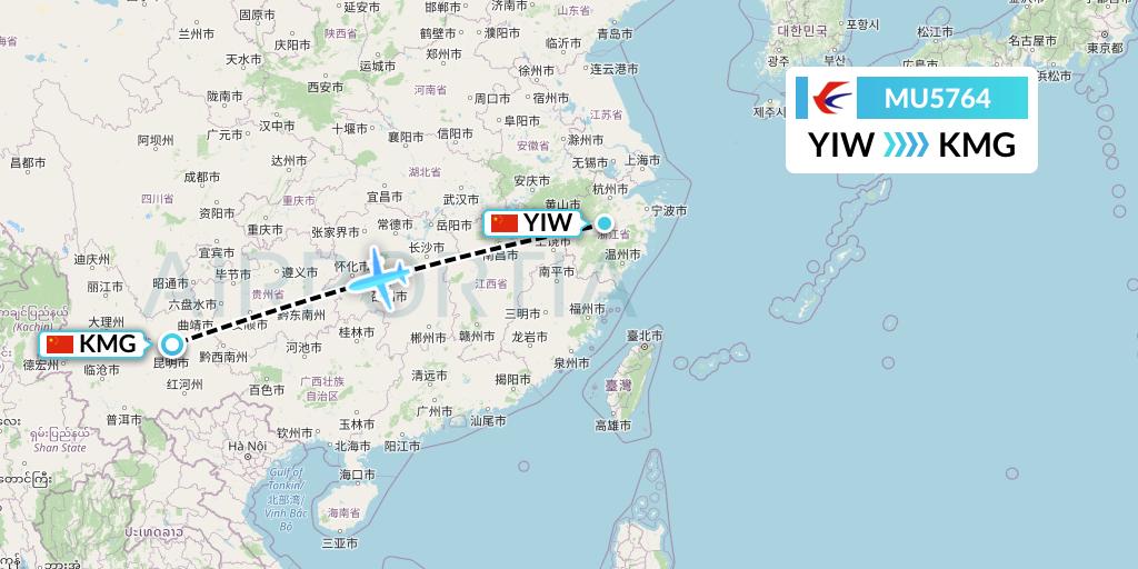 MU5764 China Eastern Airlines Flight Map: Yiwu to Kunming