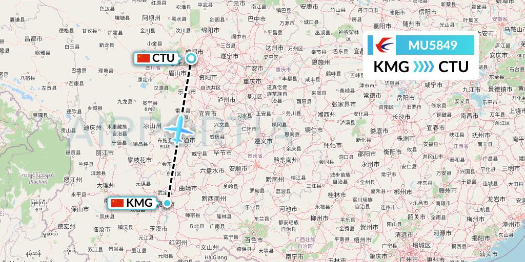MU5849 China Eastern Airlines Flight Map: Kunming to Chengdu