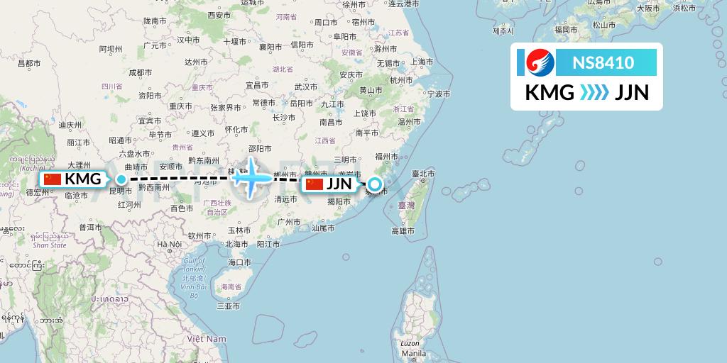 NS8410 Hebei Airlines Flight Map: Kunming to Jinjiang