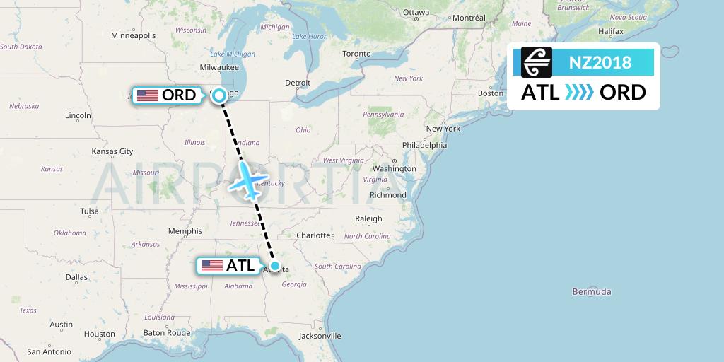 NZ2018 Air New Zealand Flight Map: Atlanta to Chicago