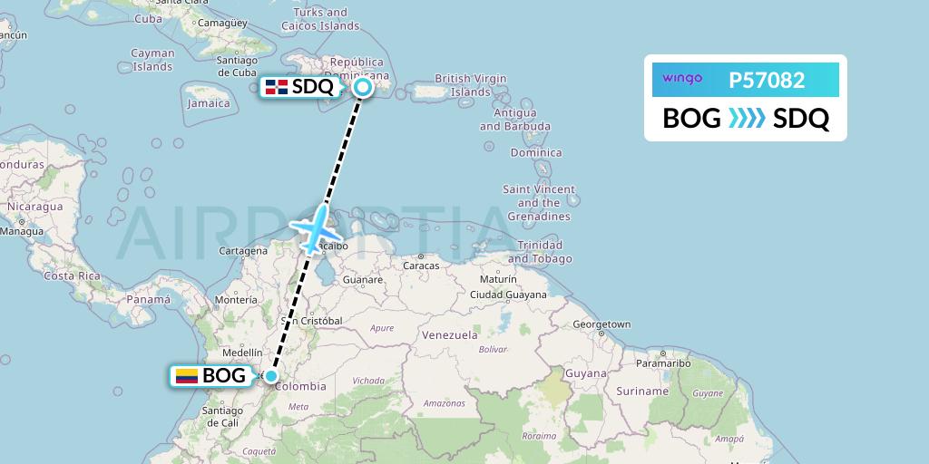 P57082 Copa Airlines Colombia Flight Map: Bogota to Santo Domingo