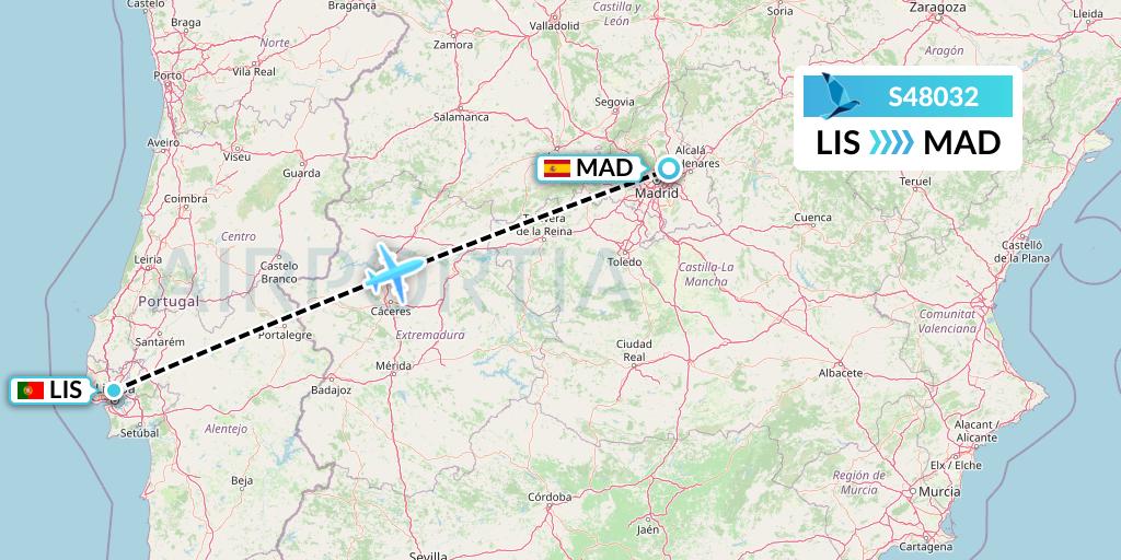 S48032 Azores Airlines Flight Map: Lisbon to Madrid