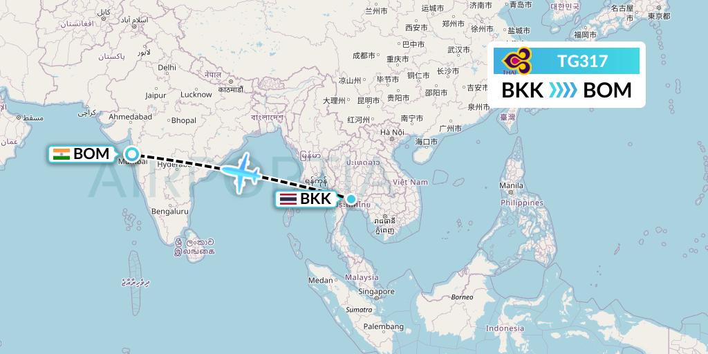 TG317 Thai Airways Flight Map: Bangkok to Mumbai