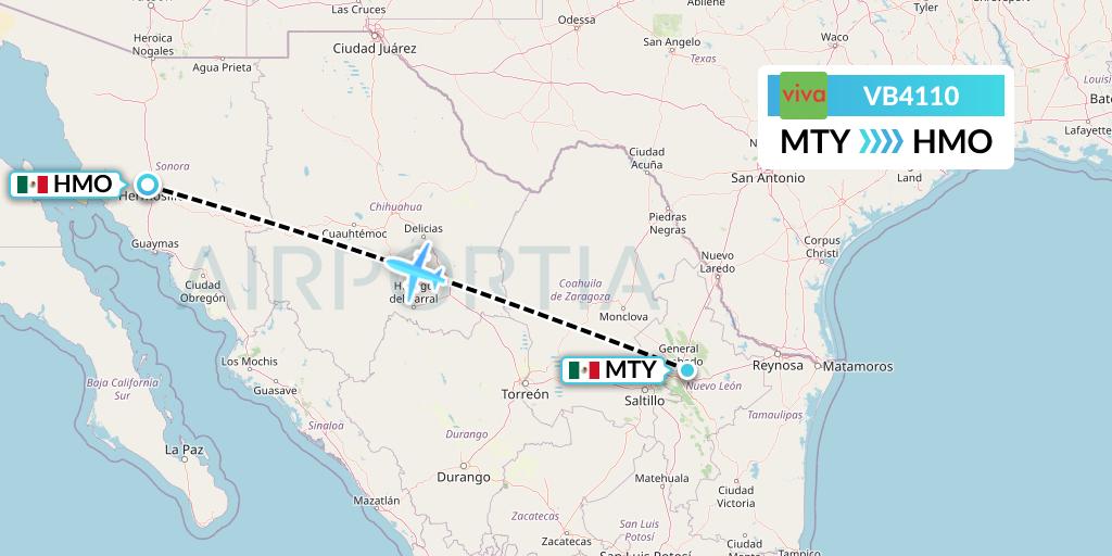 VB4110 VivaAerobus Flight Map: Monterrey to Hermosillo