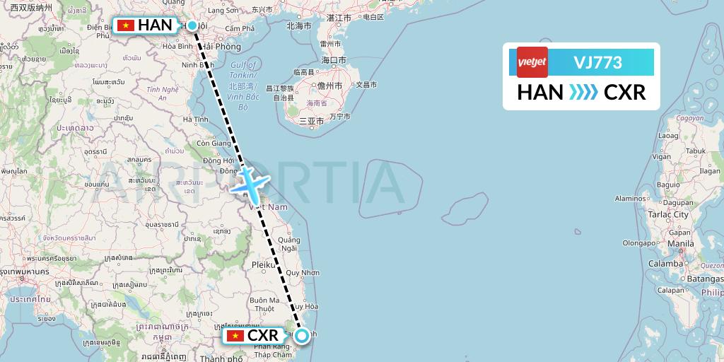 VJ773 VietJet Air Flight Map: Hanoi to Nha Trang