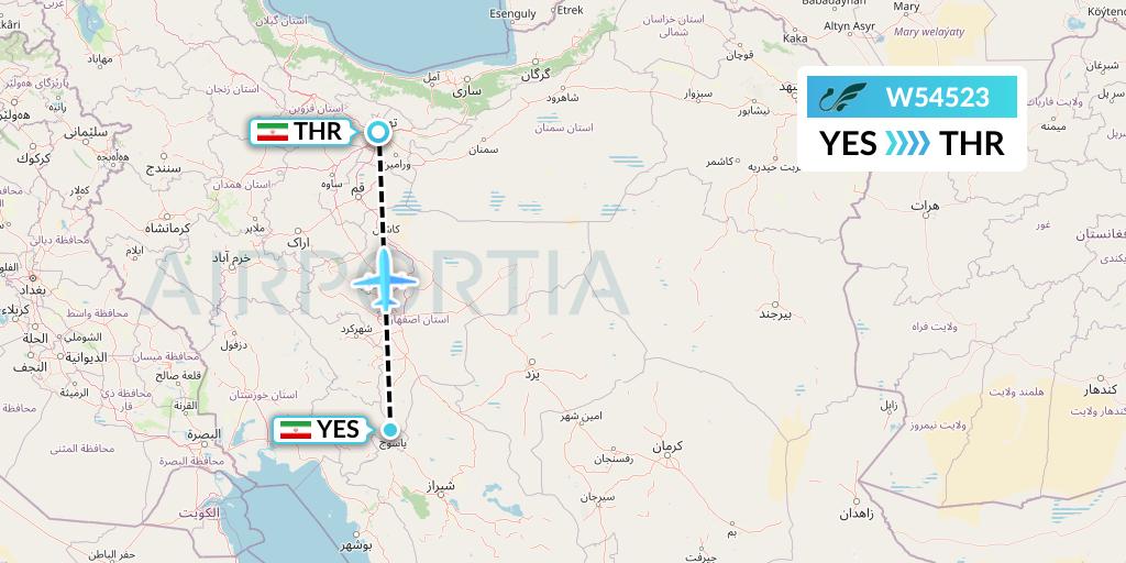 W54523 Mahan Air Flight Map: Yasouj to Tehran