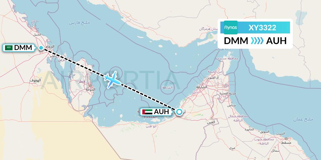 XY3322 Flynas Flight Map: Dammam to Abu Dhabi