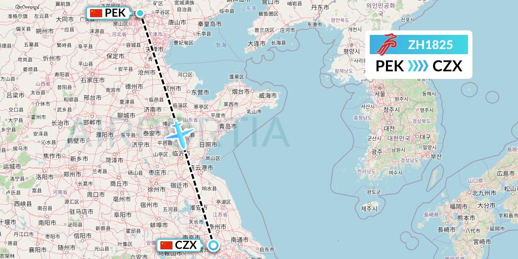 ZH1825 Shenzhen Airlines Flight Map: Beijing to Changzhou