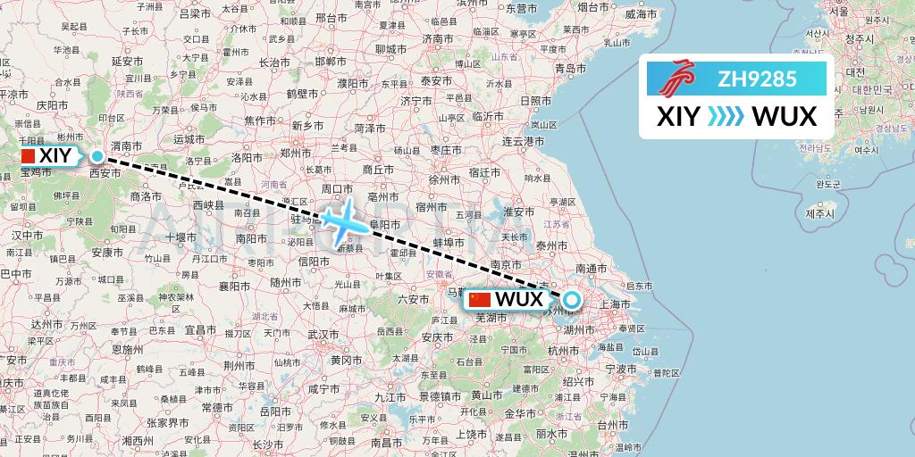ZH9285 Shenzhen Airlines Flight Map: Xi'an to Wuxi