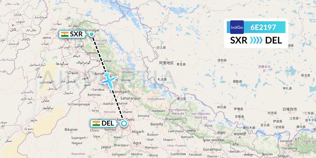 6E2197 IndiGo Airlines Flight Map: Srinagar to Delhi