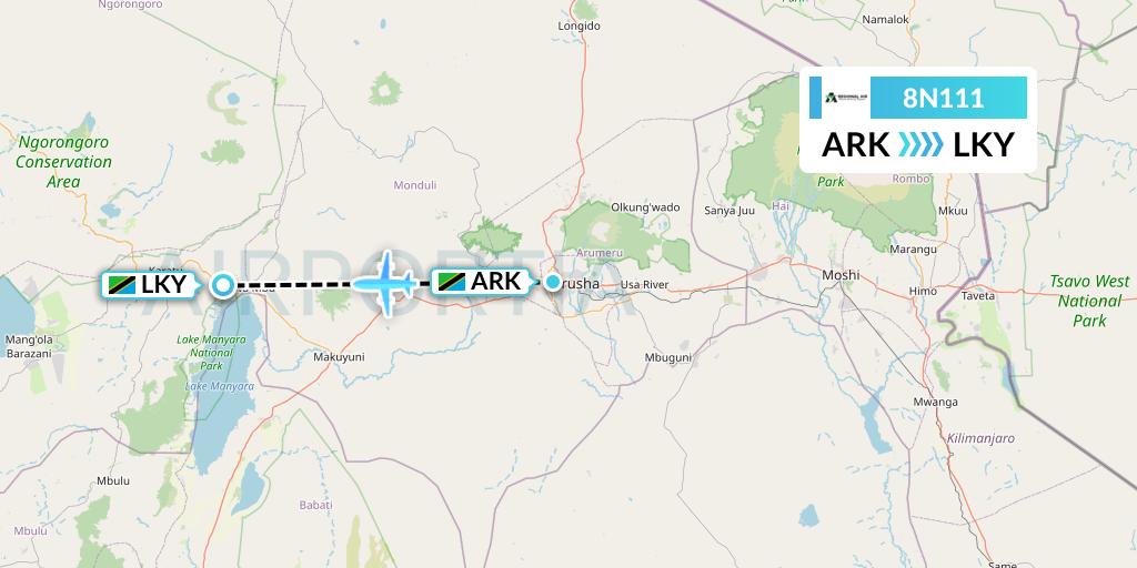 8N111 Regional Air Services Flight Map: Arusha to Lake Manyara National Park