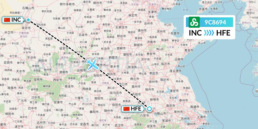 9C8694 Spring Airlines Flight Map: Yinchuan to Hefei