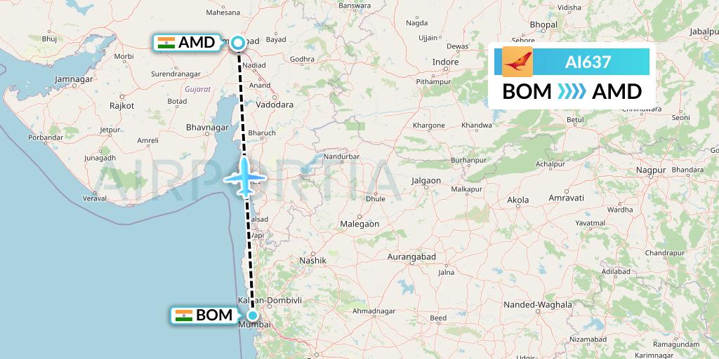 AI637 Air India Flight Map: Mumbai to Ahmedabad