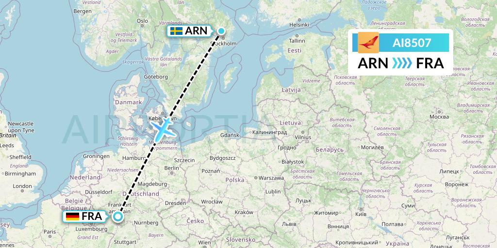 AI8507 Air India Flight Map: Stockholm to Frankfurt